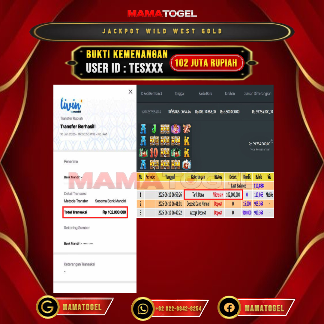 MAMATOGEL JACKPOT SLOT WILD WEST GOLD Rp.102.000.000,- LUNAS USER ID : TES***