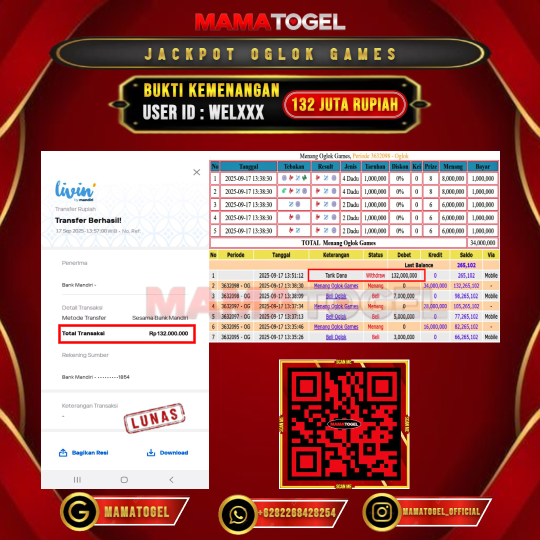 MAMATOGEL JACKPOT LIVE GAME OGLOK GAMES Rp. 132.000.000,- LUNAS USER ID : WEL***