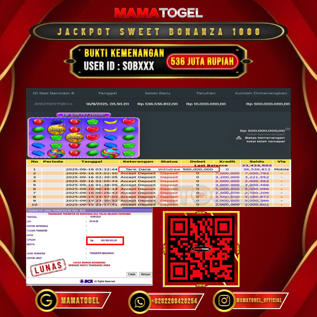 MAMATOGEL JACKPOT SLOT SWEET BONANZA 1000 Rp. 536.000.000,- LUNAS USER ID : SOB***