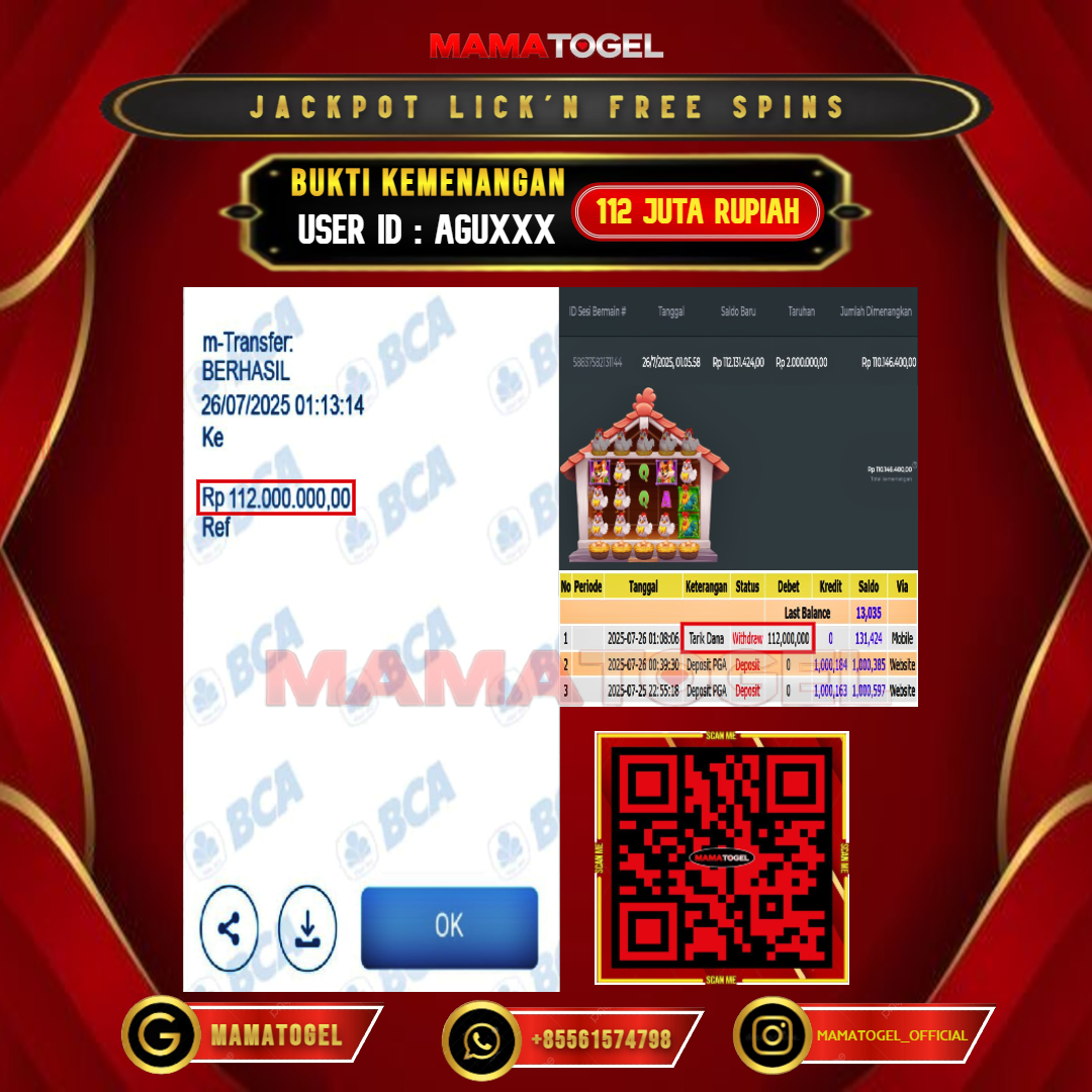 MAMATOGEL JACKPOT SLOT LICK'N FREE SPINS Rp.112.000.000,- LUNAS USER ID : AGU***	