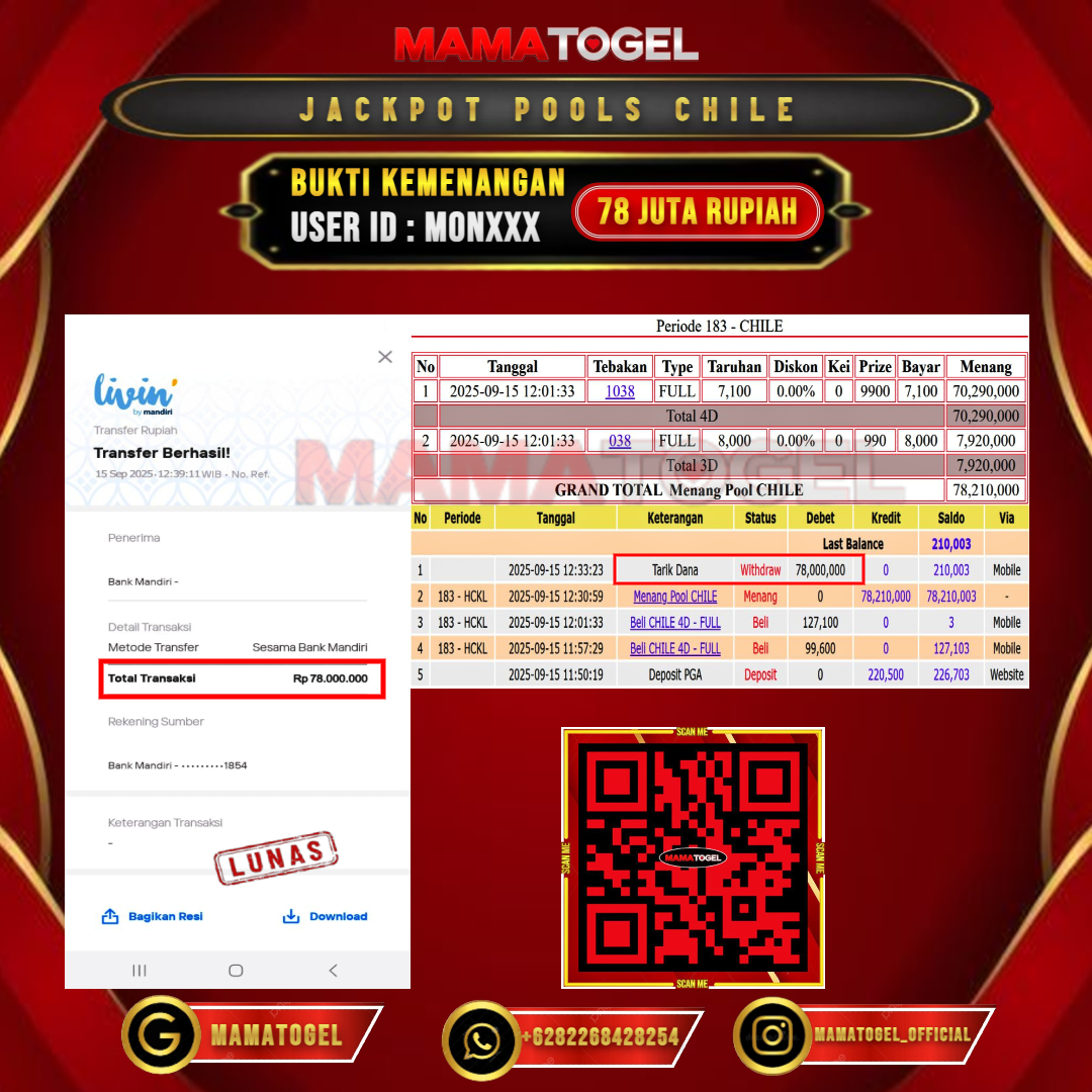 MAMATOGEL JACKPOT TOGEL CHILE Rp. 78.000.000,- LUNAS USER ID : MON***