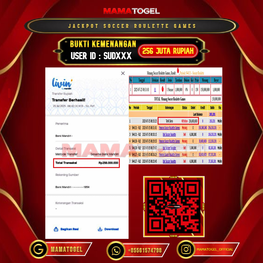 MAMATOGEL JACKPOT LIVE GAMES SOCCER ROULETTE GAMES Rp.256.000.000,- LUNAS USER ID : SUD***	