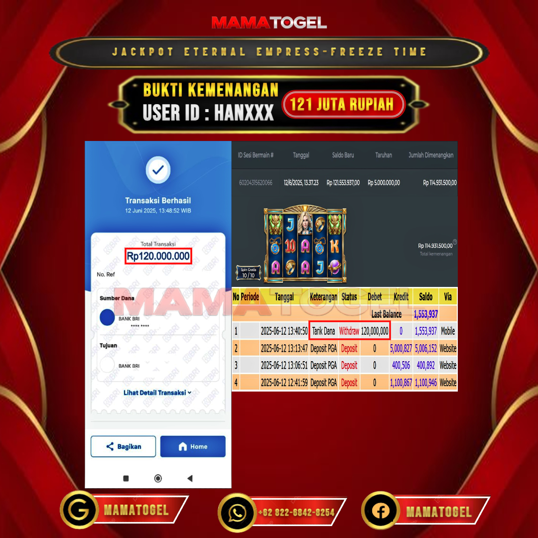 MAMATOGEL JACKPOT SLOT ETERNAL EMPRESS-FREEZE TIME Rp.121.000.000,- LUNAS USER ID : HAN***