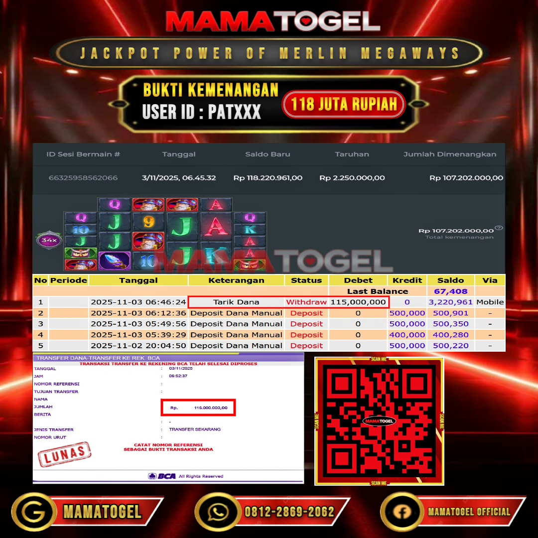 MAMATOGEL  JACKPOT SLOT POWER OF MERLIN MEGAWAYS Rp. 118.000.000,- LUNAS USER ID  :  PAT***	