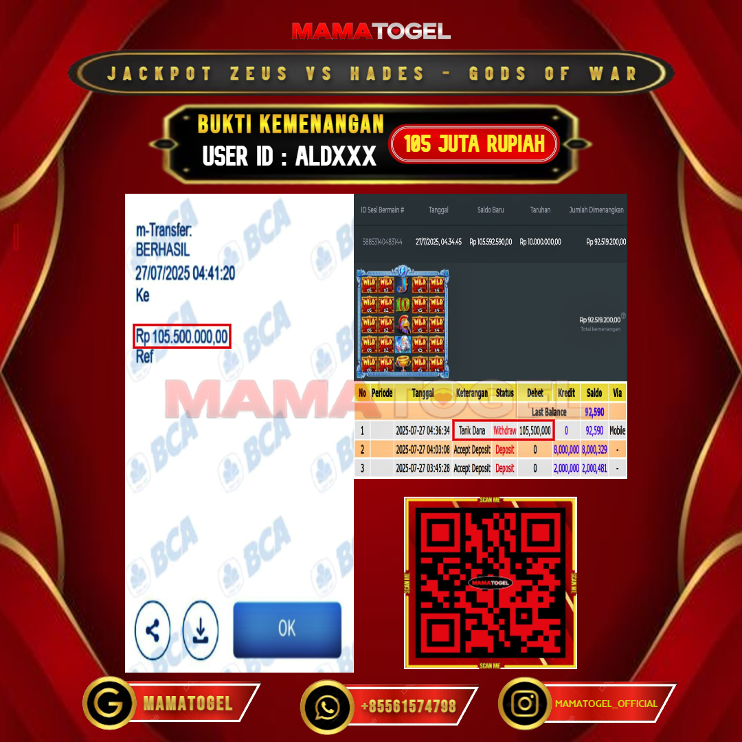 MAMATOGEL JACKPOT SLOT ZEUS VS HADES - GODS OF WAR Rp.105.000.000,- LUNAS USER ID : ALD***	