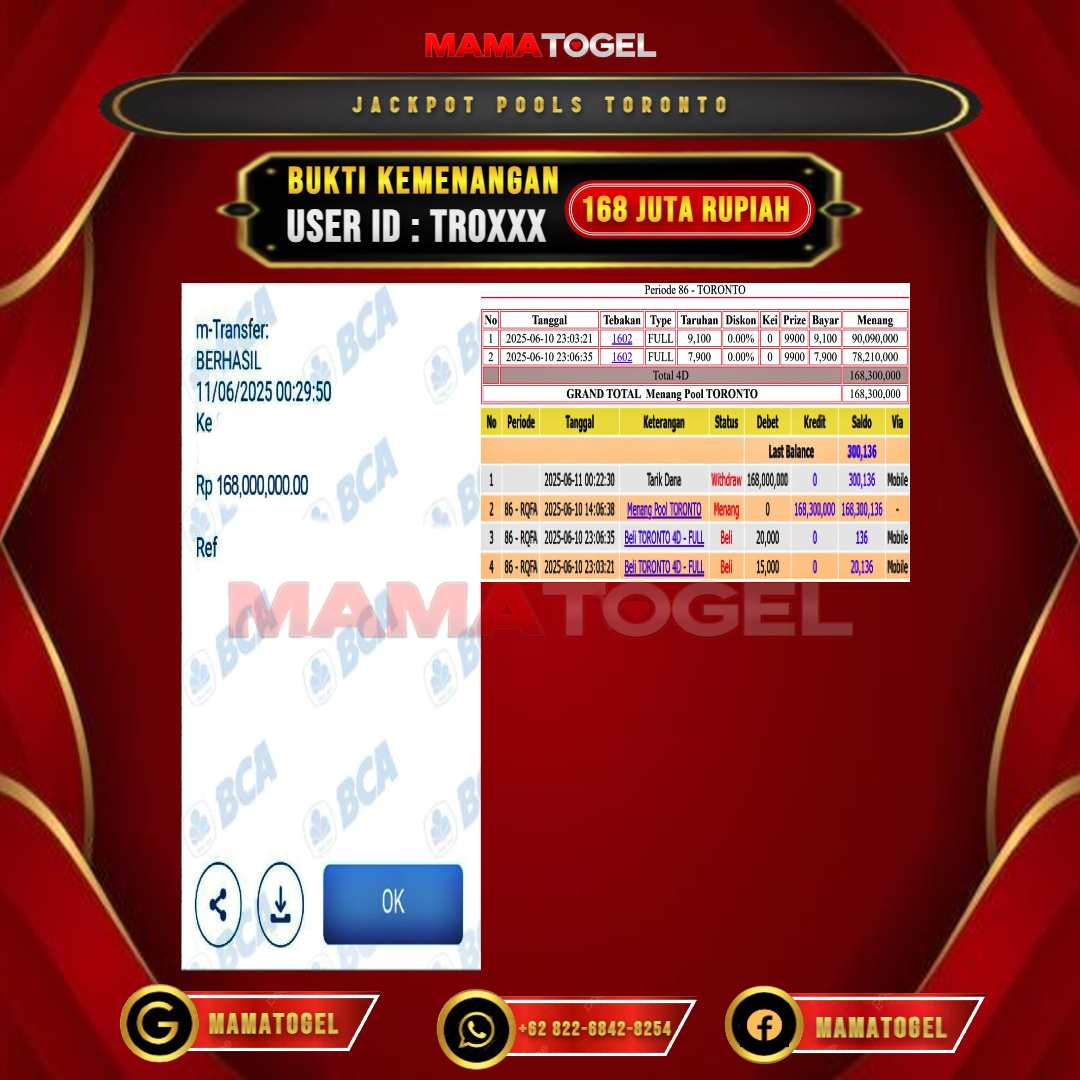 MAMATOGEL JACKPOT TOGEL POOLS TORONTO Rp.168.000.000,- LUNAS USER ID : TRO***