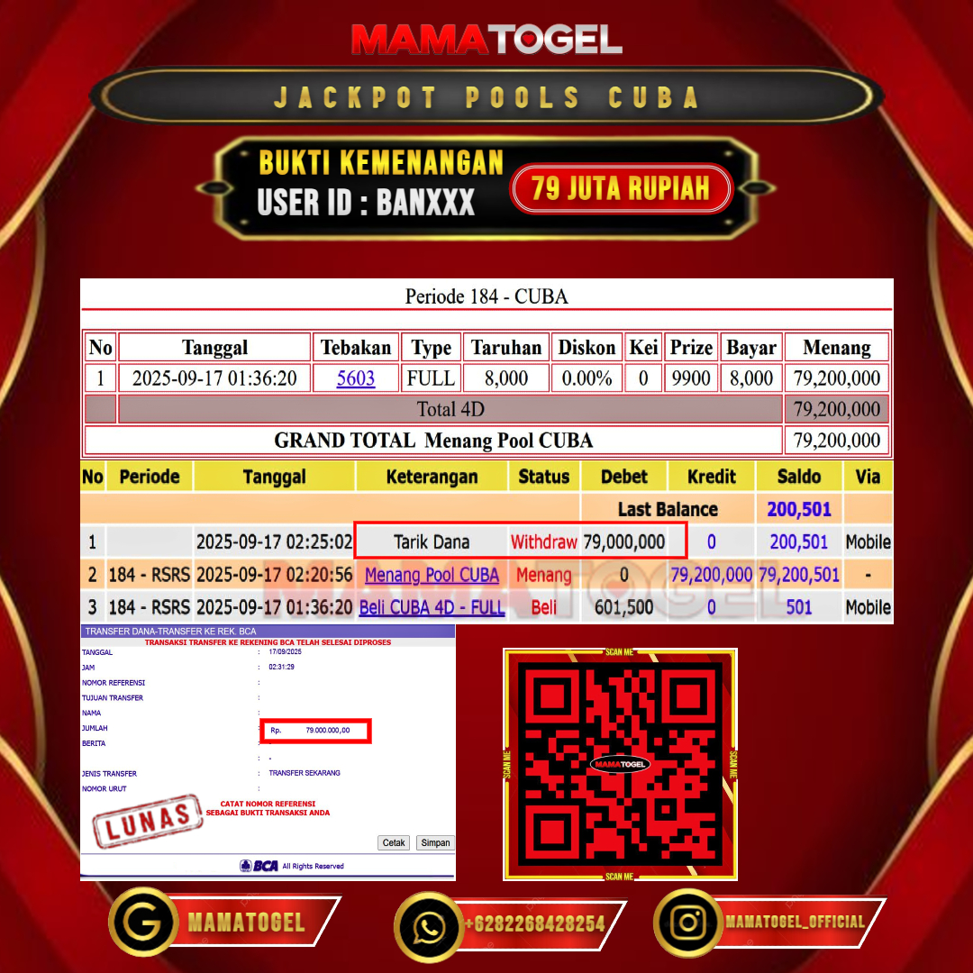 MAMATOGEL JACKPOT TOGEL CUBA Rp. 79.000.000,- LUNAS USER ID : BAN***