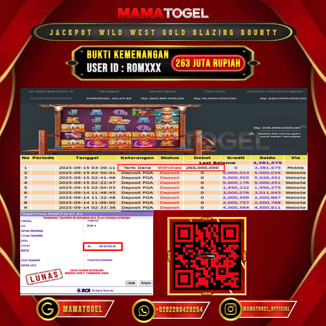 MAMATOGEL JACKPOT SLOT WILD WEST GOLD BLAZING BOUNTY Rp. 263.000.000,- LUNAS USER ID : ROM***