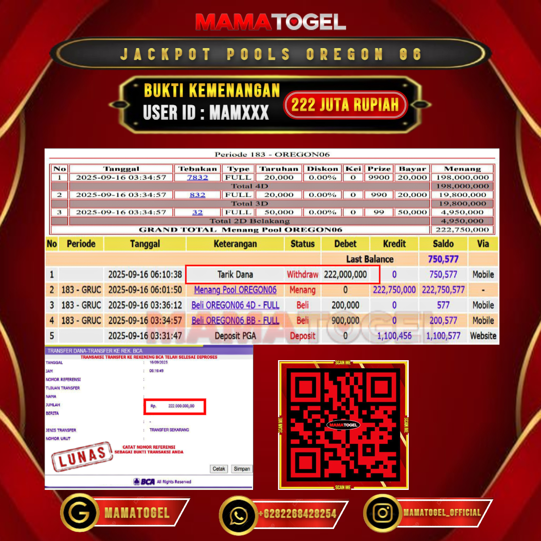 MAMATOGEL JACKPOT TOGEL OREGON 06 Rp. 222.000.000,- LUNAS USER ID : MAM***