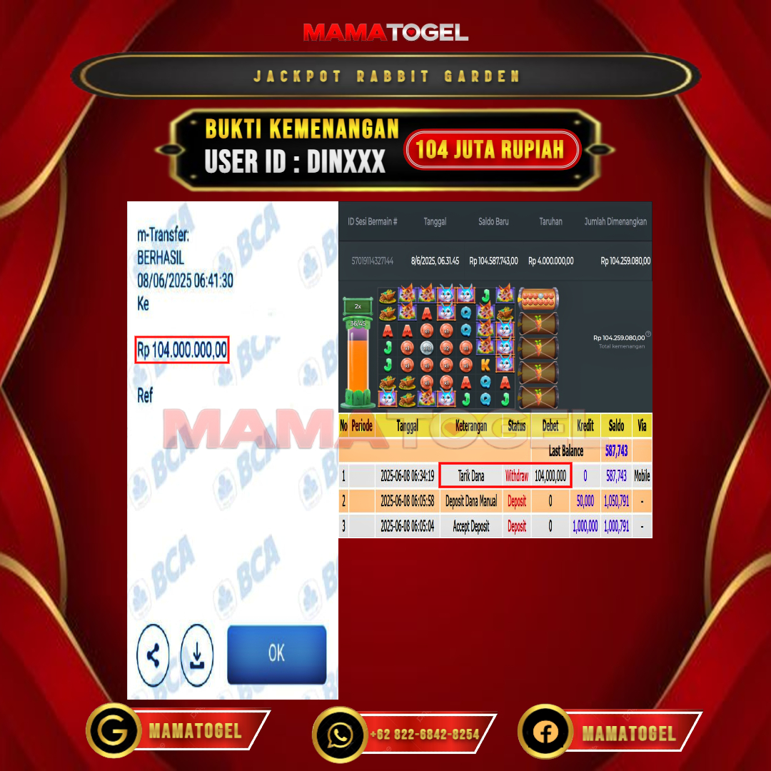 MAMATOGEL JACKPOT SLOT RABBIT GARDEN Rp.104.000.000,- LUNAS USER ID : DIN***