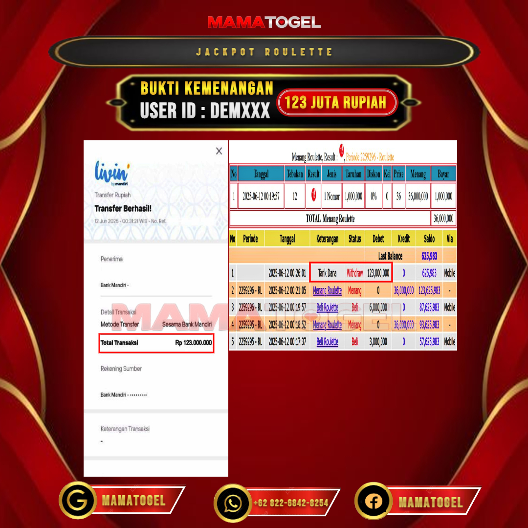MAMATOGEL JACKPOT LIVE GAMES ROULETTE Rp.123.000.000,- LUNAS USER ID : DEM***