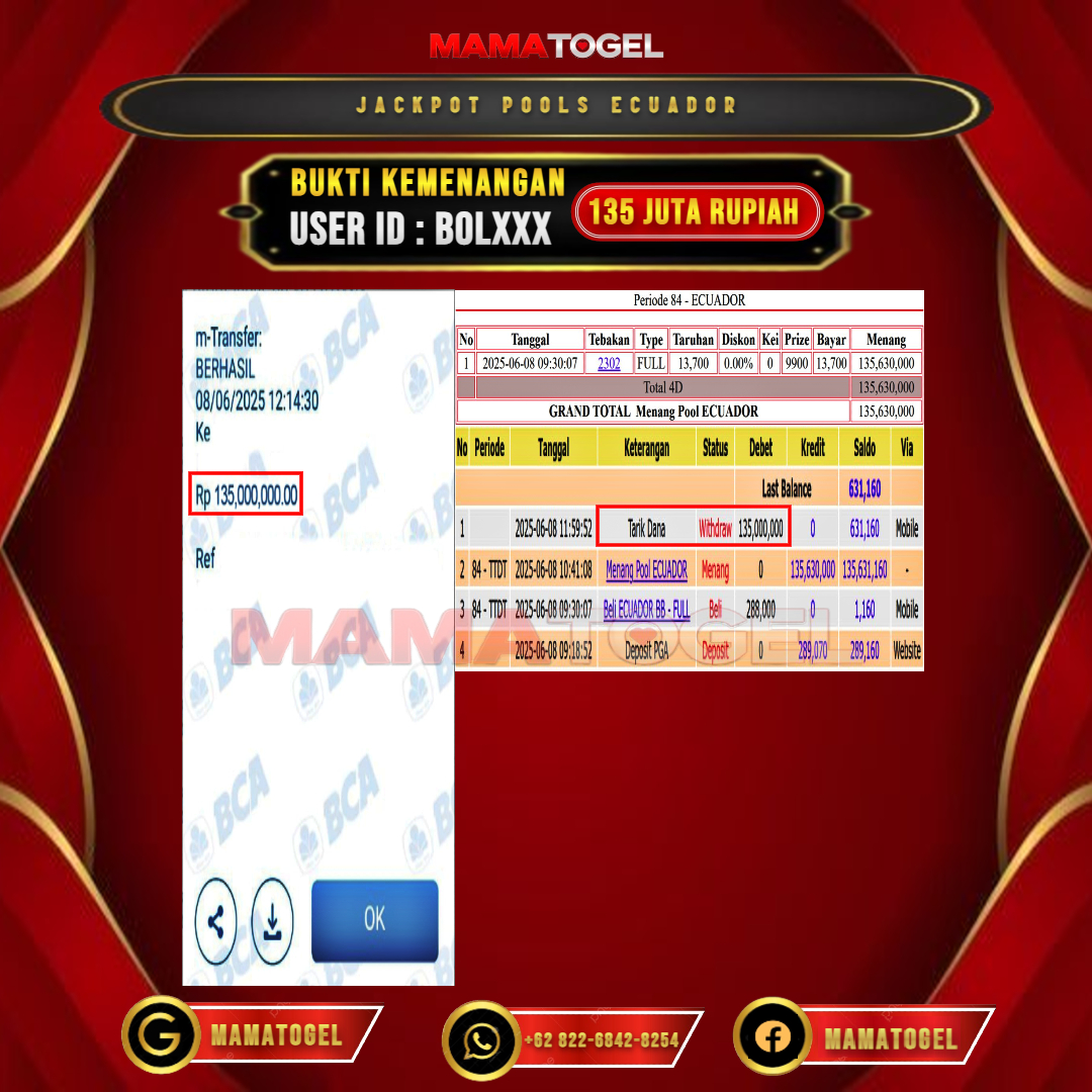 MAMATOGEL JACKPOT TOGEL POOLS ECUADOR Rp.135.000.000,- LUNAS USER ID : BOL***