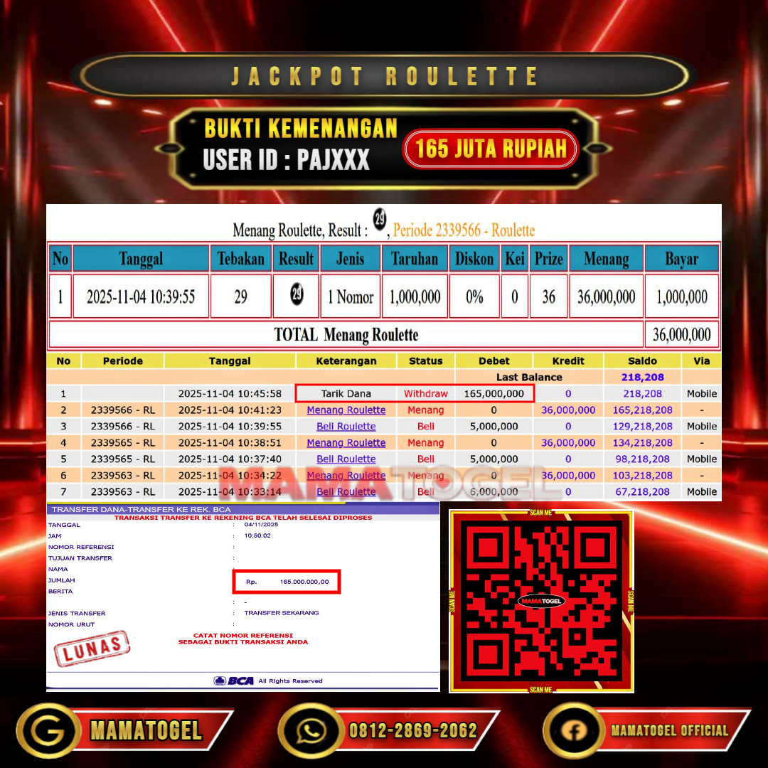 MAMATOGEL  JACKPOT LIVE GAME ROULETTE Rp. 165.000.000,- LUNAS USER ID  :  PAJ***	