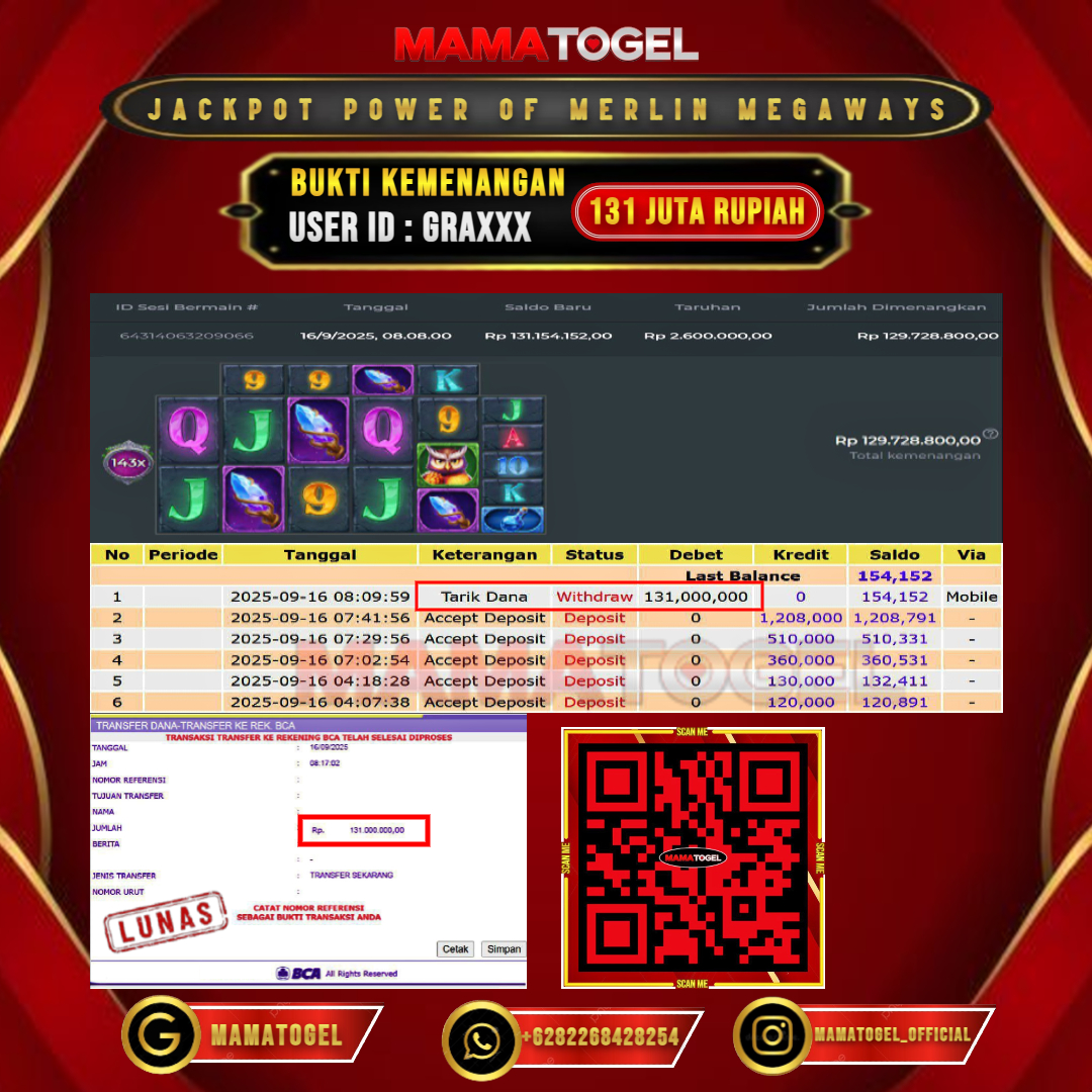 MAMATOGEL JACKPOT SLOT POWER OF MERLIN MEGAWAYS Rp. 131.000.000,- LUNAS USER ID : GRA***