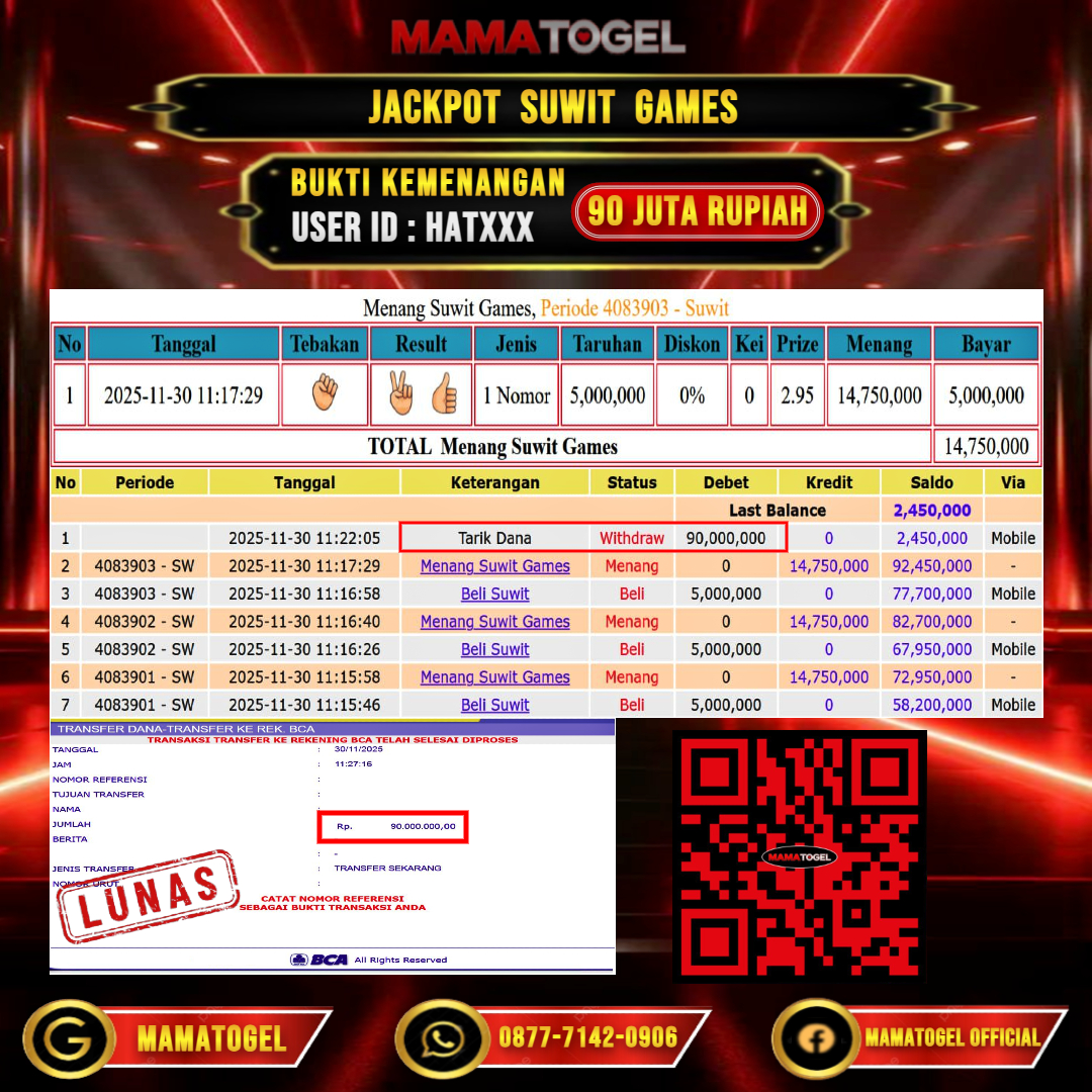 MAMATOGEL  JACKPOT LIVE GAME SUWIT GAMES Rp. 90.000.000,- LUNAS USER ID  :   HAT***