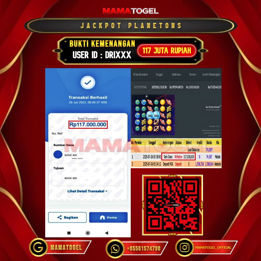 MAMATOGEL JACKPOT SLOT PLANETONS Rp.117.000.000,- LUNAS USER ID : DRI***	