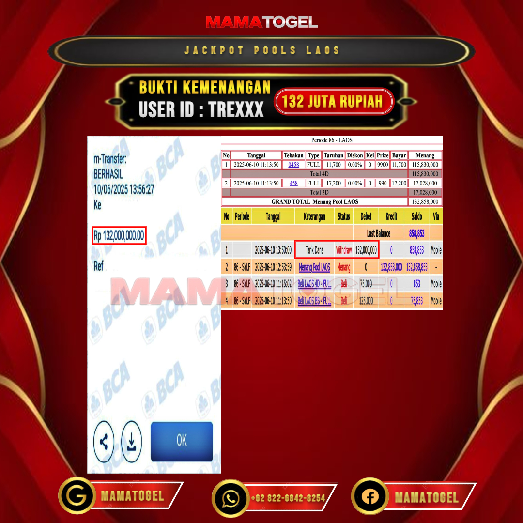 MAMATOGEL JACKPOT TOGEL POOLS LAOS Rp.132.000.000,- LUNAS USER ID : TRE***