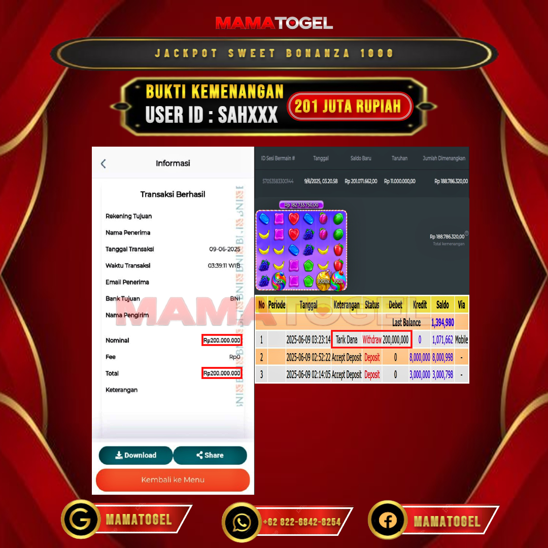 MAMATOGEL JACKPOT SLOT SWEET BONANZA 1000 Rp.201.000.000,- LUNAS USER ID : SAH***