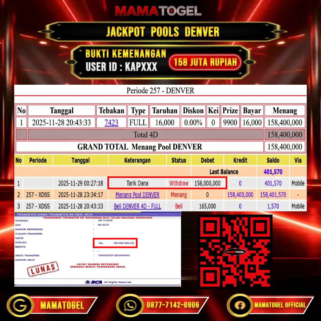 MAMATOGEL  JACKPOT TOGEL DENVER Rp. 158.000.000,- LUNAS USER ID  :   KAP***