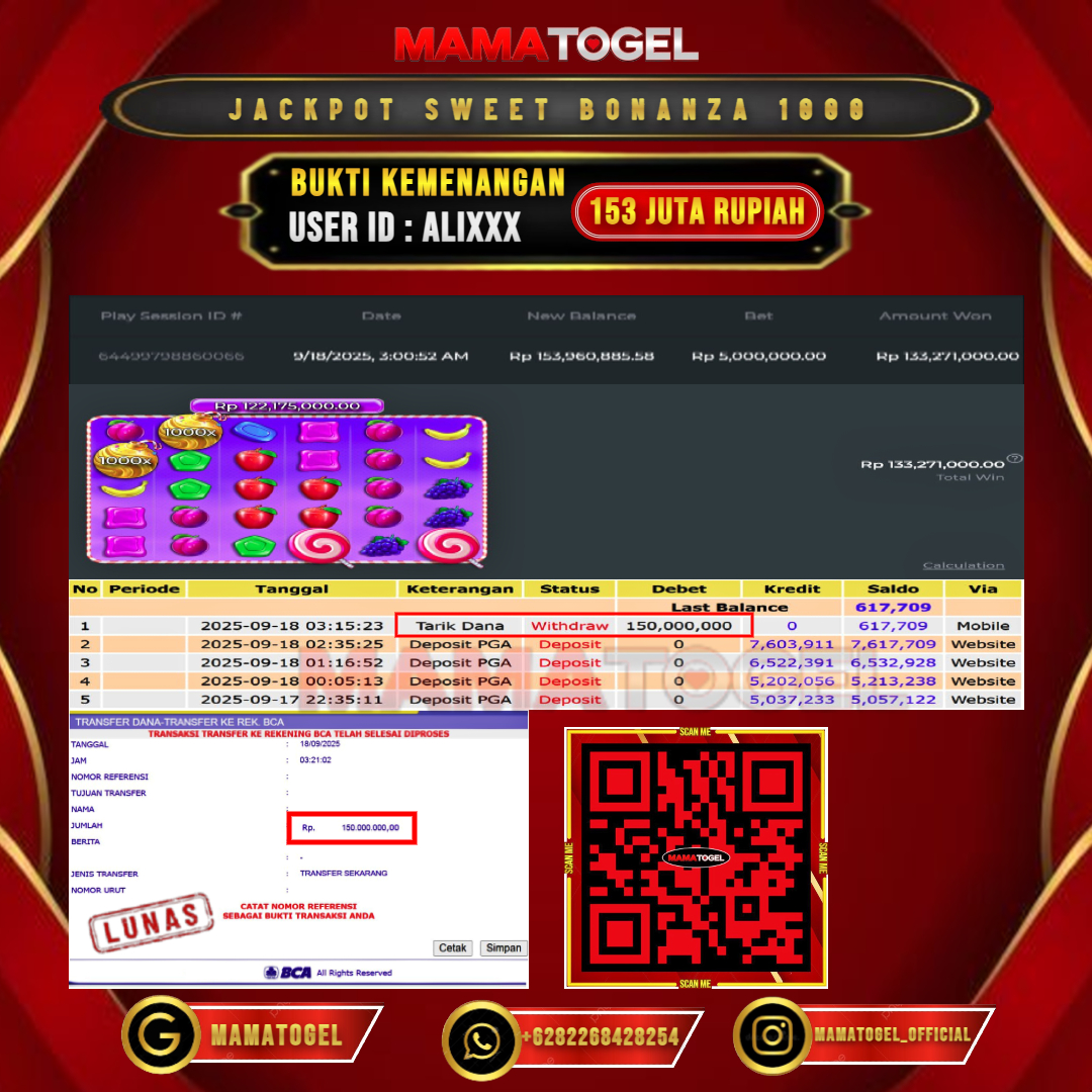 MAMATOGEL JACKPOT SLOT SWEET BONANZA 1000 Rp. 153.000.000,- LUNAS USER ID : ALI***