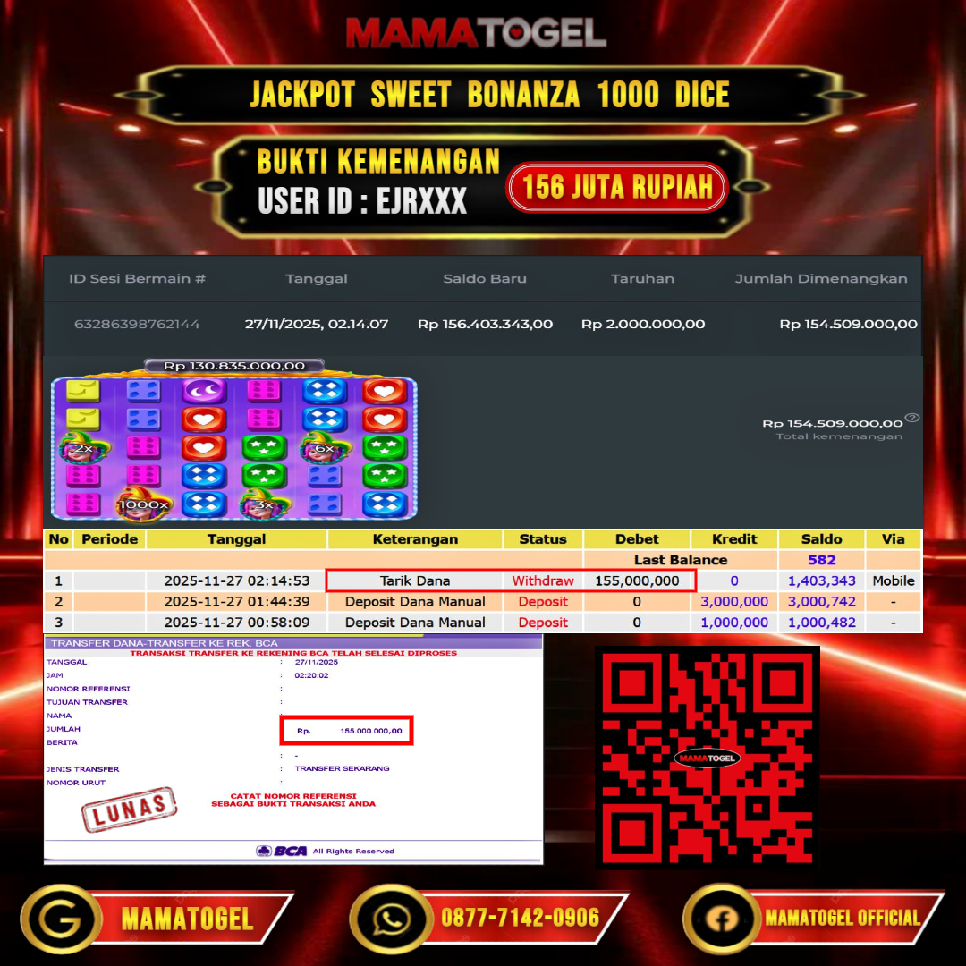 MAMATOGEL  JACKPOT SLOT SWEET BONANZA 1000 DICE Rp. 156.000.000,- LUNAS USER ID  :   EJR***