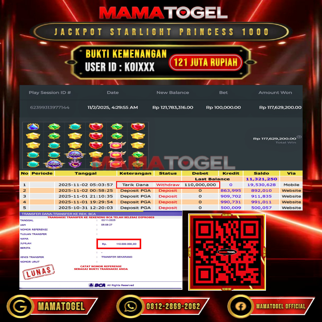 MAMATOGEL  JACKPOT SLOT STARLIGHT PRINCESS 1000 Rp. 121.000.000,- LUNAS USER ID  :  KOI***	