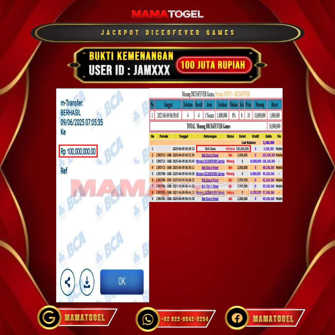 MAMATOGEL JACKPOT LIVE GAMES DICE6FEVER GAMES Rp.100.000.000,- LUNAS USER ID : JAM***