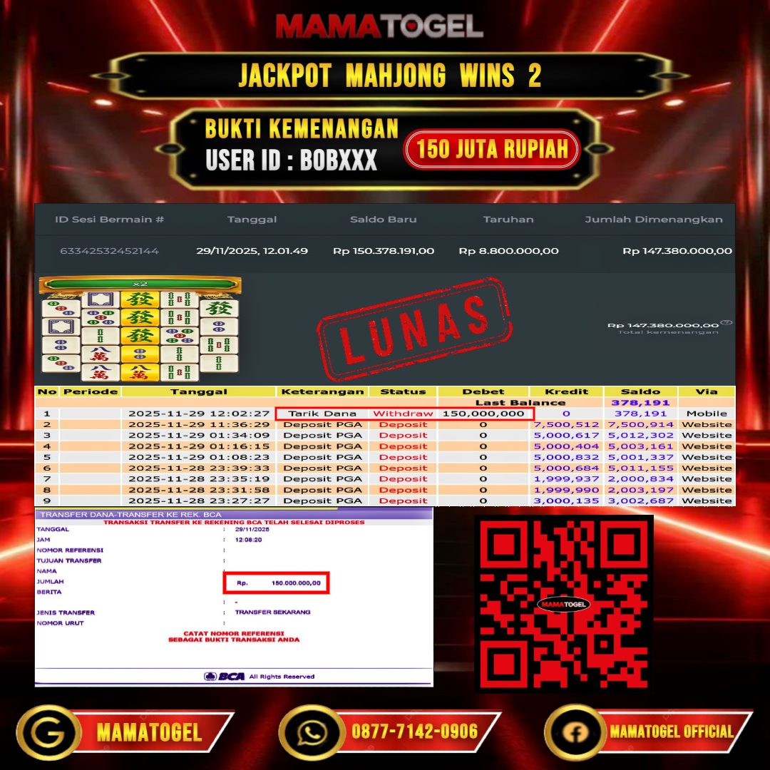 MAMATOGEL  JACKPOT SLOT MAHJONG WINS 2 Rp. 150.000.000,- LUNAS USER ID  :   BOB***