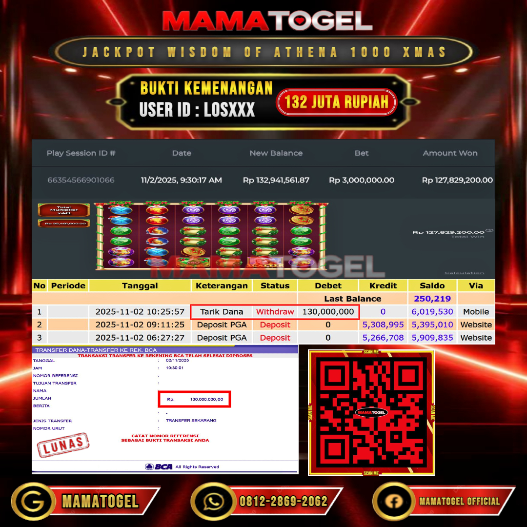 MAMATOGEL  JACKPOT SLOT WISDOM OF ATHENA 1000 XMAS Rp. 132.000.000,- LUNAS USER ID  :  LOS***	
