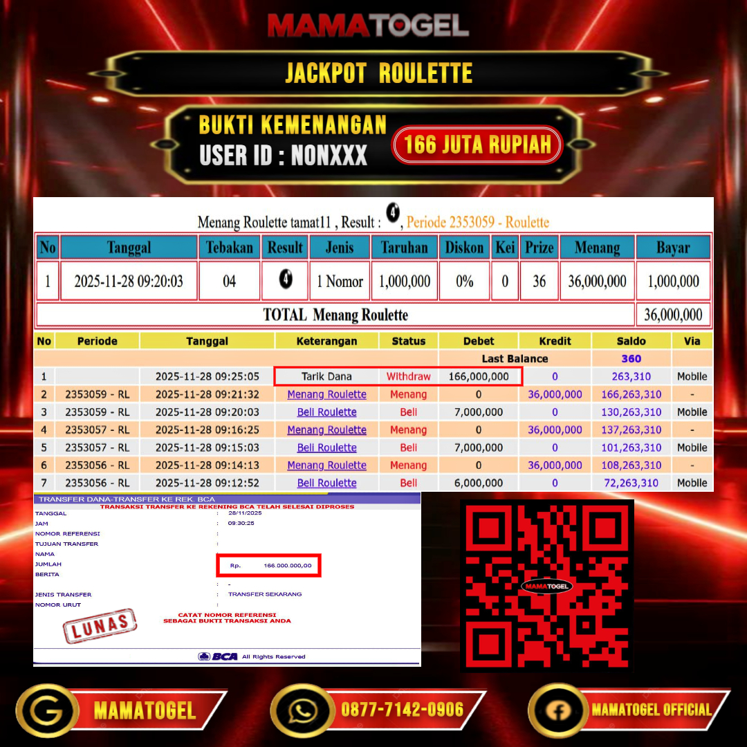 MAMATOGEL  JACKPOT LIVE GAME ROULETTE Rp. 166.000.000,- LUNAS USER ID  :   NON***