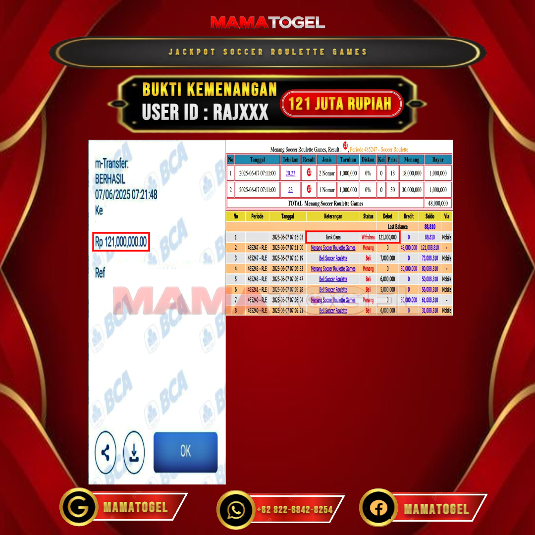 MAMATOGEL JACKPOT LIVE GAMES SOCCER ROULETTE GAMES Rp.121.000.000,- LUNAS USER ID : RAJ***