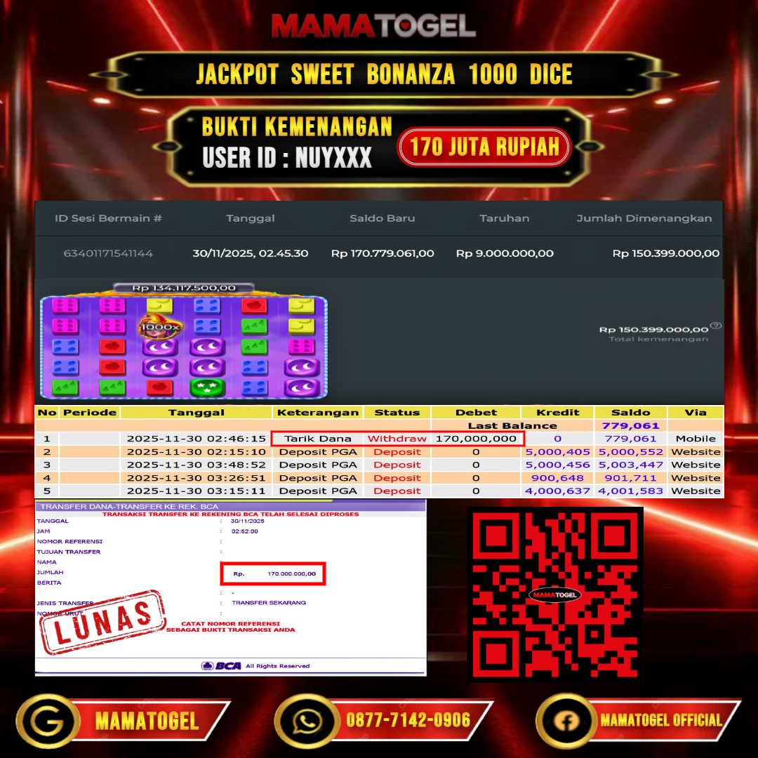 MAMATOGEL  JACKPOT SLOT SWEET BONANZA 1000 DICE Rp. 170.000.000,- LUNAS USER ID  :   NUY***