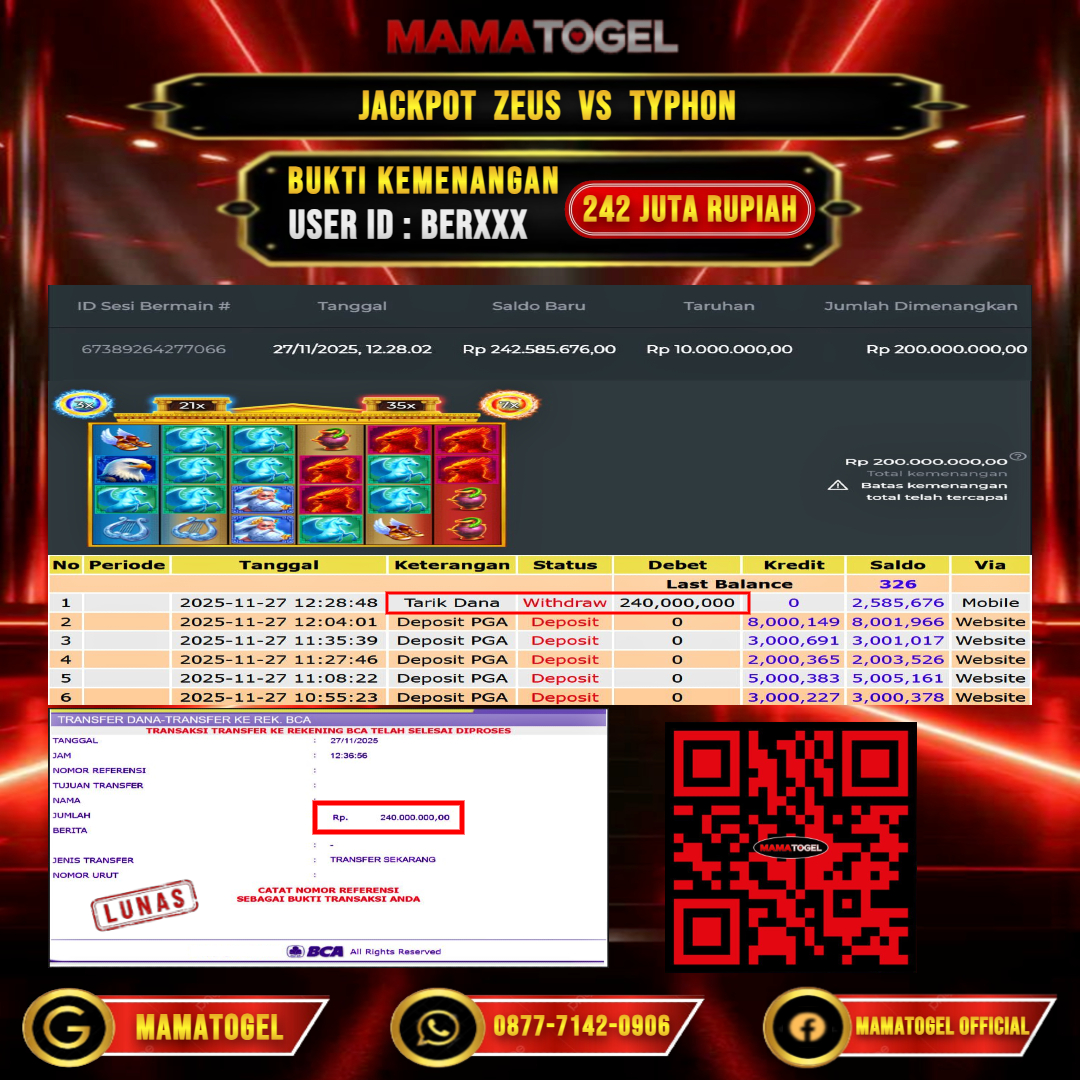 MAMATOGEL  JACKPOT SLOT ZEUS VS TYPHON Rp. 242.000.000,- LUNAS USER ID  :   BER***