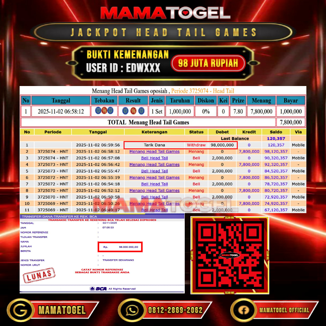 MAMATOGEL JACKPOT LIVE GAME HEAD TAIL GAMES Rp. 98.000.000,- LUNAS USER ID  : EDW***	