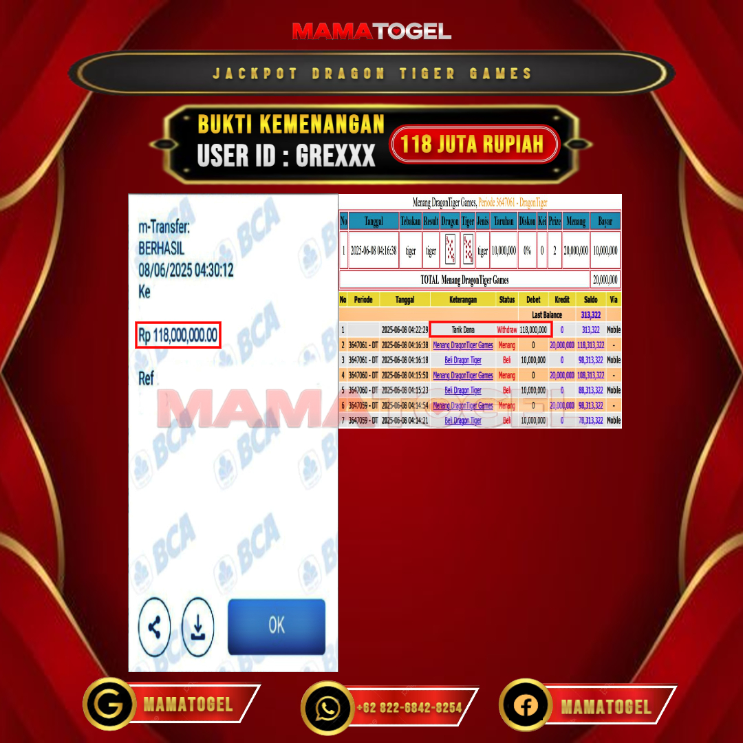 MAMATOGEL JACKPOT LIVE GAMES DRAGON TIGER GAMES Rp.118.000.000,- LUNAS USER ID : GRE***