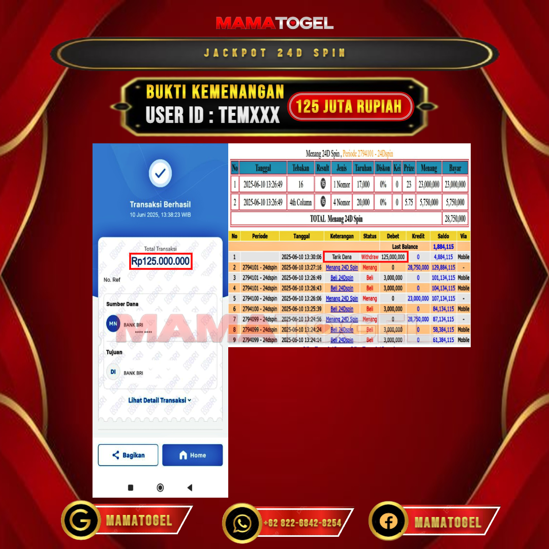 MAMATOGEL JACKPOT LIVE GAMES 24D SPIN GAMES Rp.125.000.000,- LUNAS USER ID : TEM***