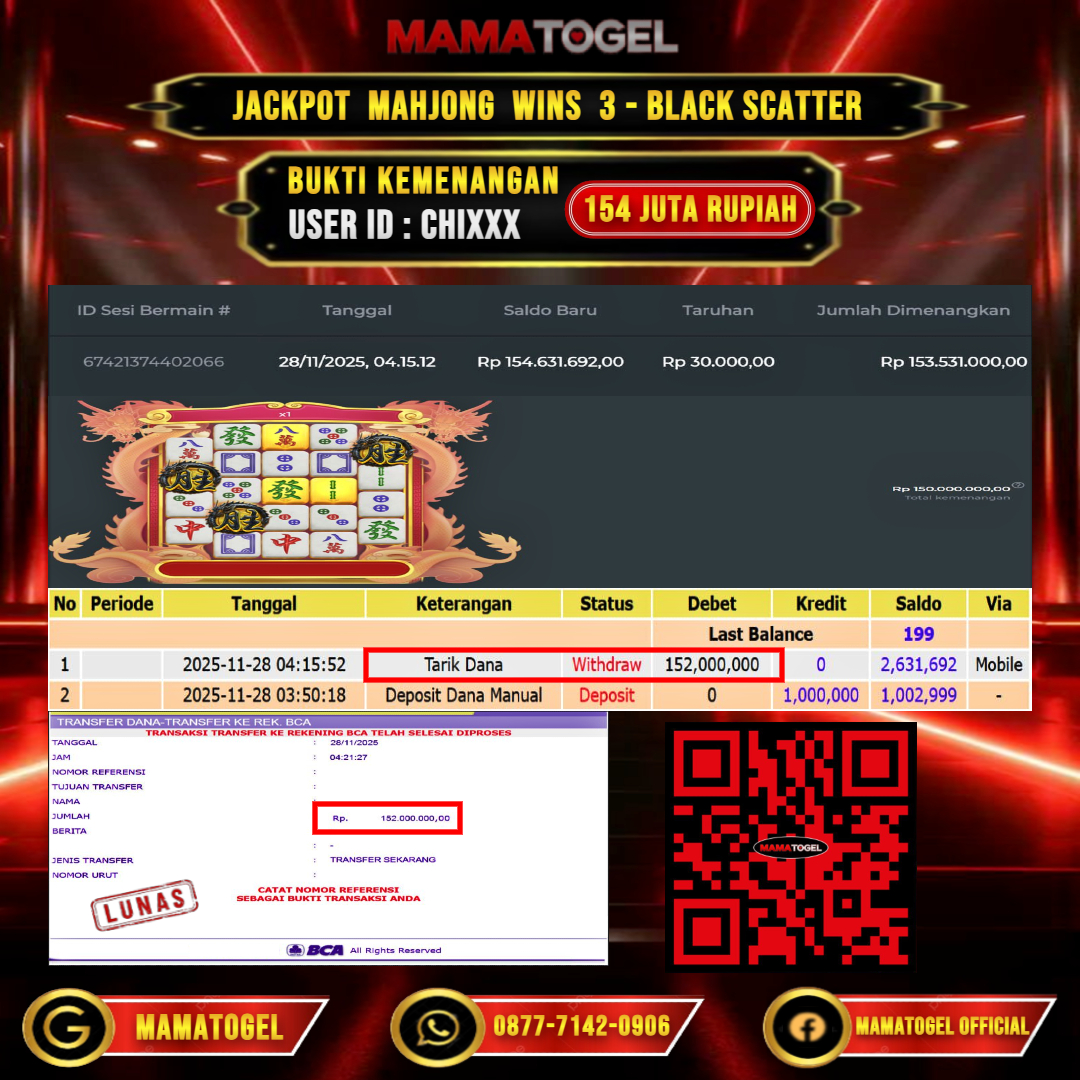 MAMATOGEL  JACKPOT SLOT MAHJONG WINS 3 - BLACK SCATTER Rp. 154.000.000,- LUNAS USER ID  :   CHI***