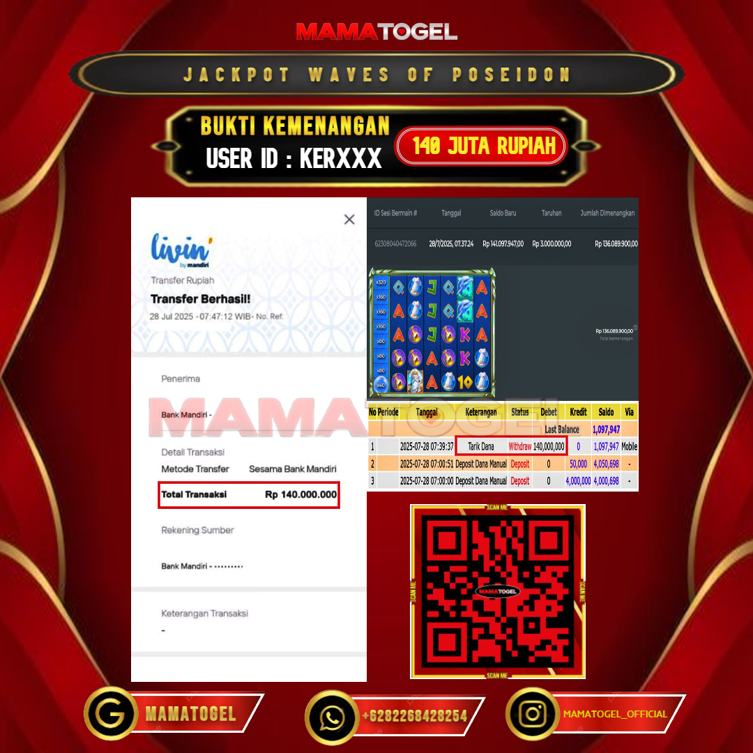 MAMATOGEL JACKPOT SLOT WAVES OF POSEIDON Rp.140.000.000,- LUNAS USER ID : KER***	