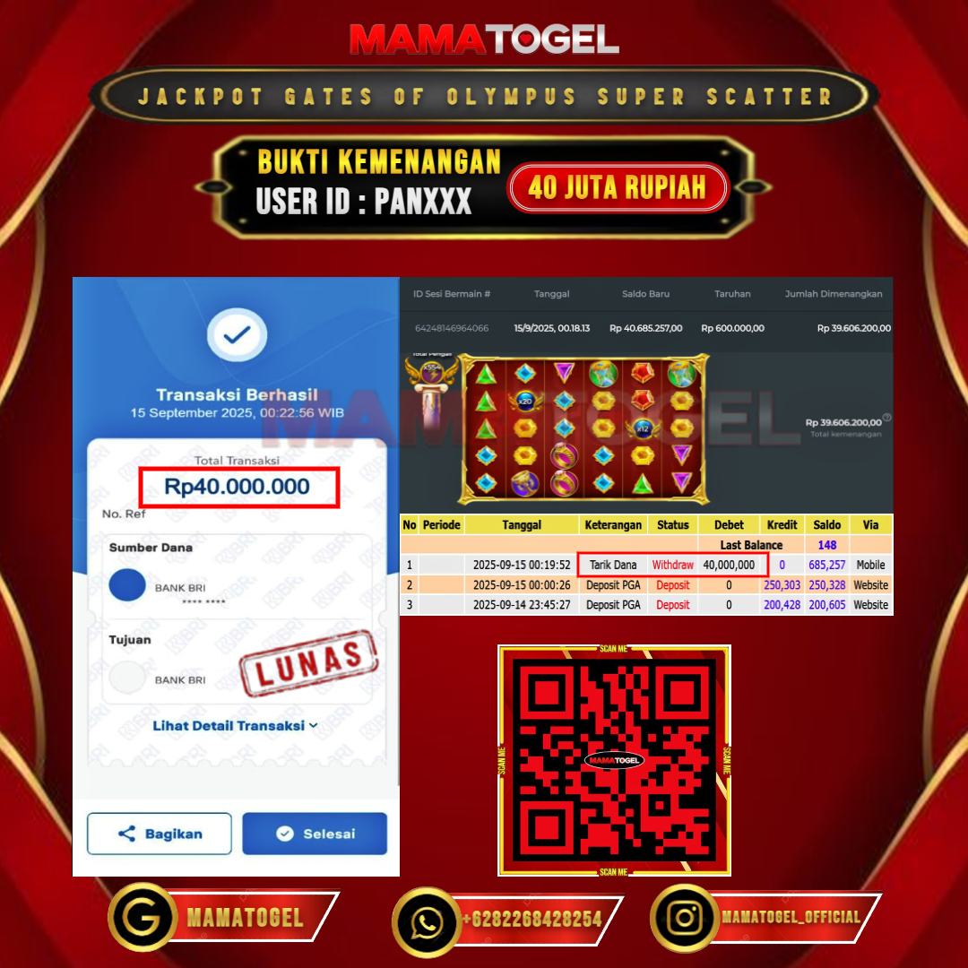 MAMATOGEL JACKPOT SLOT GATES OF OLYMPUS SUPER SCATTER Rp. 40.000.000,- LUNAS USER ID : PAN***