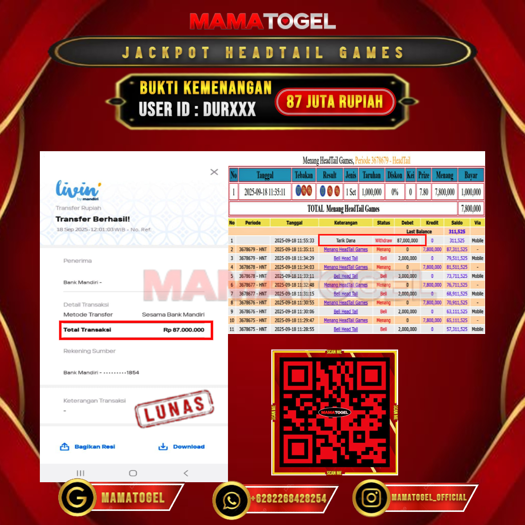 MAMATOGEL JACKPOT LIVE GAME HEADTAIL GAMES Rp. 87.000.000,- LUNAS USER ID : DUR***