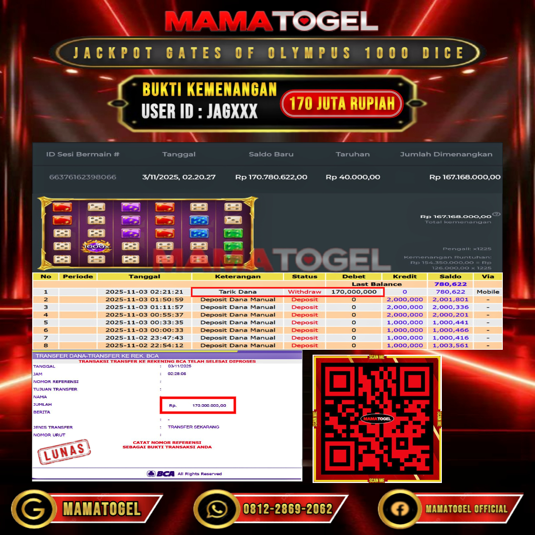 MAMATOGEL  JACKPOT SLOT GATES OF OLYMPUS 1000 DICE Rp. 170.000.000,- LUNAS USER ID  :  JAG***	