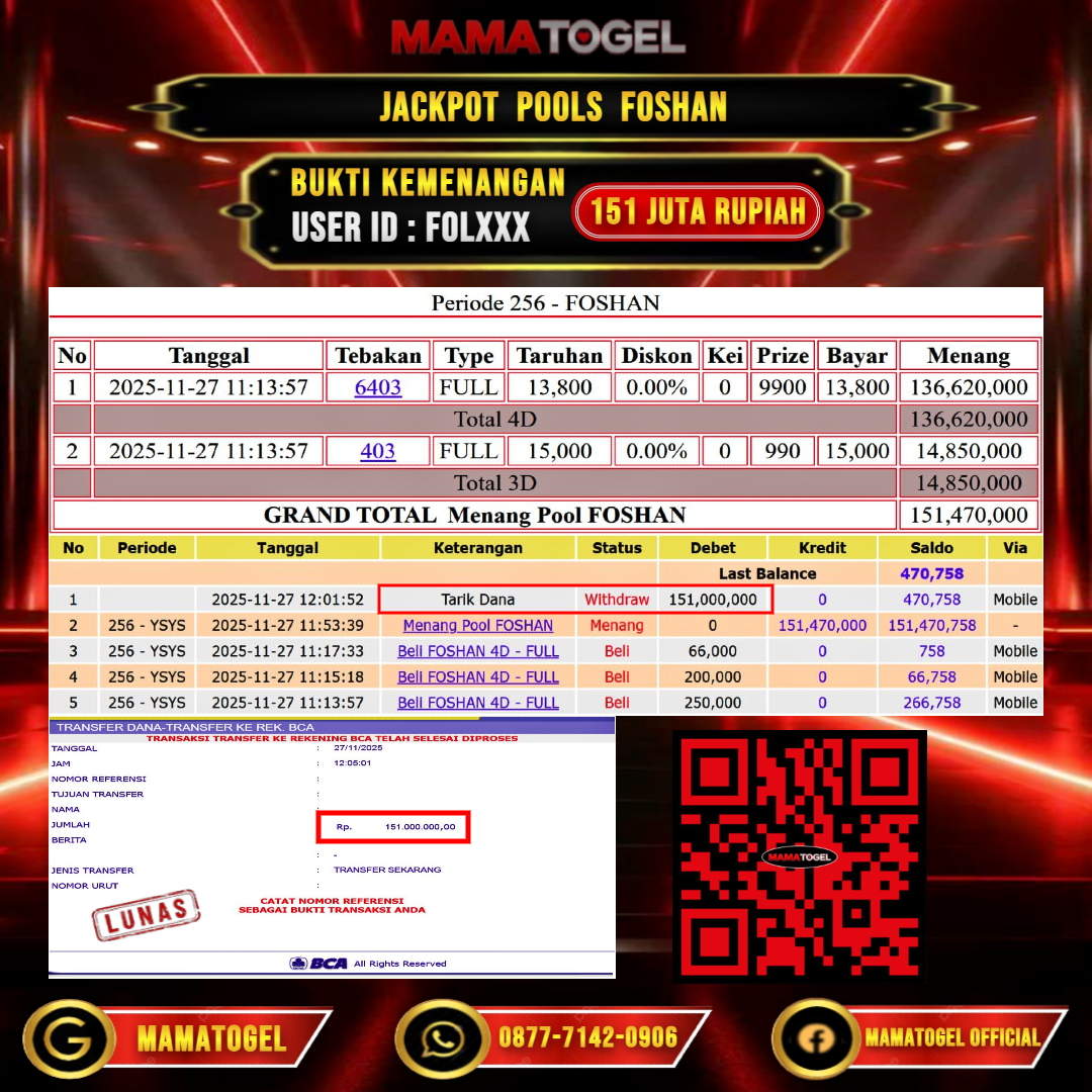 MAMATOGEL  JACKPOT TOGEL FOSHAN Rp. 151.000.000,- LUNAS USER ID  :   FOL***