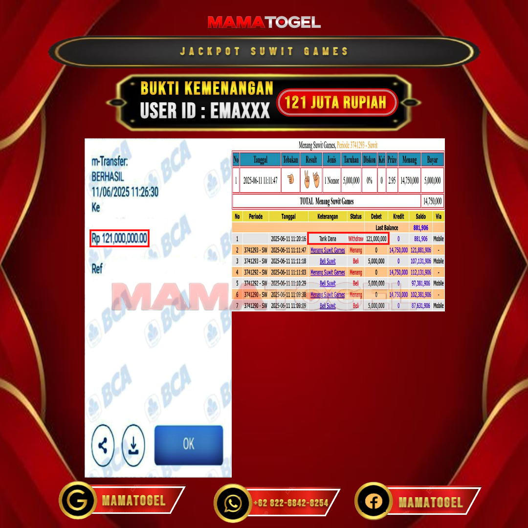MAMATOGEL JACKPOT LIVE GAMES SUWIT GAMES Rp.121.000.000,- LUNAS USER ID : EMA***