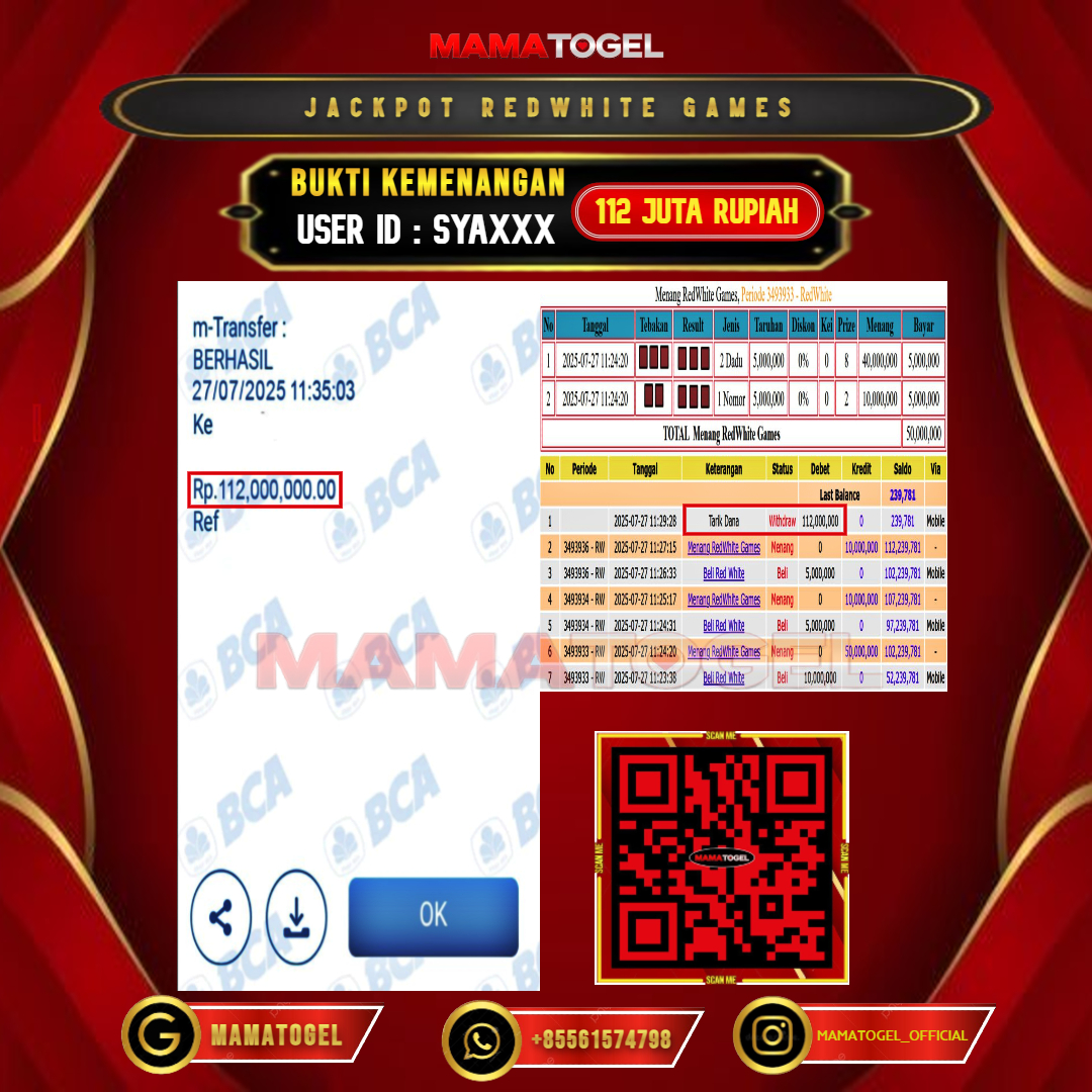 MAMATOGEL JACKPOT LIVE GAMES REDWHITE GAMES Rp.112.000.000,- LUNAS USER ID :  SYA***	