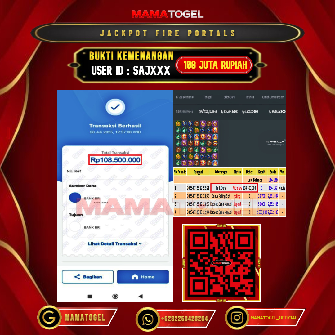 MAMATOGEL JACKPOT SLOT FIRE PORTALS Rp.108.000.000,- LUNAS USER ID : SAJ***	
