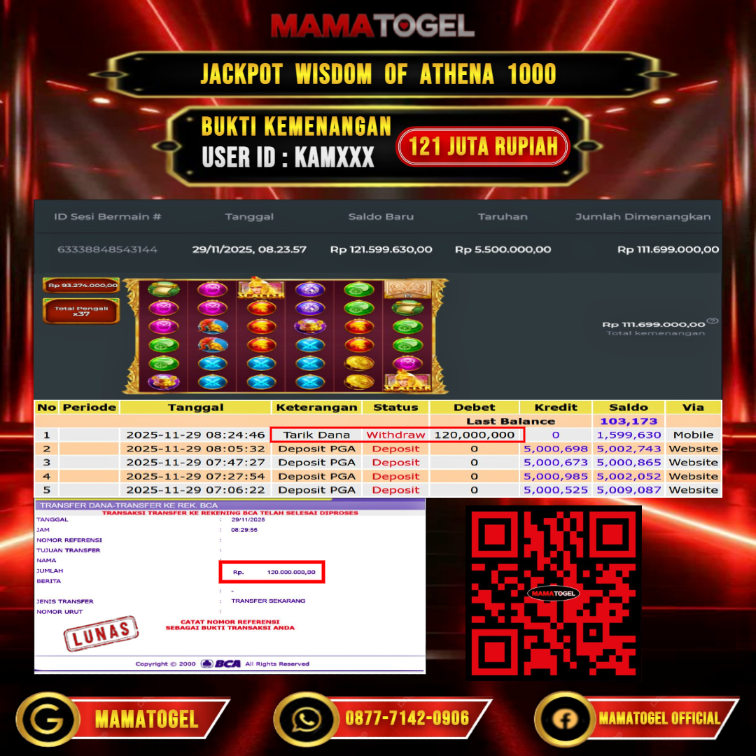 MAMATOGEL  JACKPOT SLOT WISDOM OF ATHENA 1000 Rp. 121.000.000,- LUNAS USER ID  :   KAM***