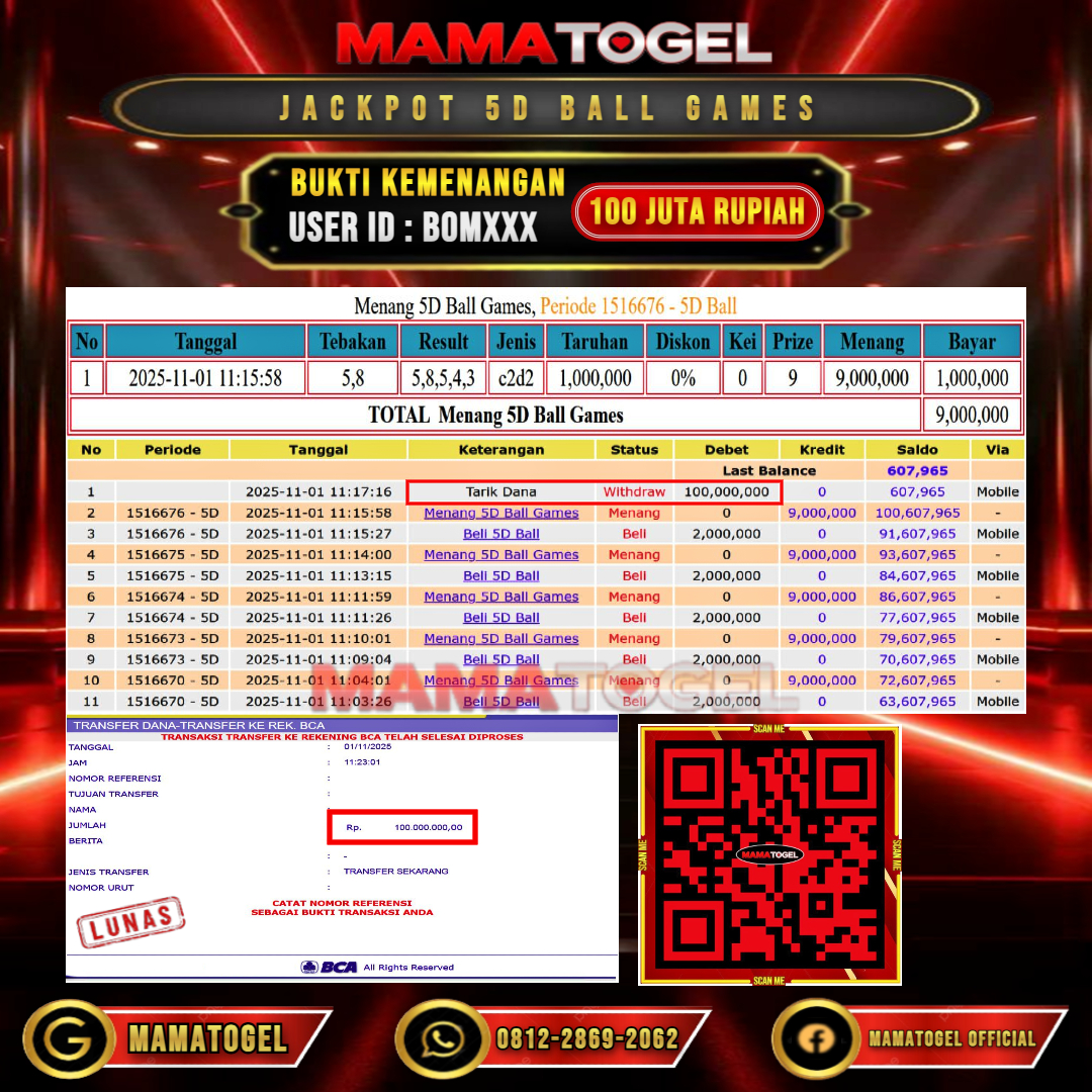 MAMATOGEL  JACKPOT LIVE GAME 5D BALL GAMES Rp. 100.000.000,- LUNAS USER ID  :   BOM***	