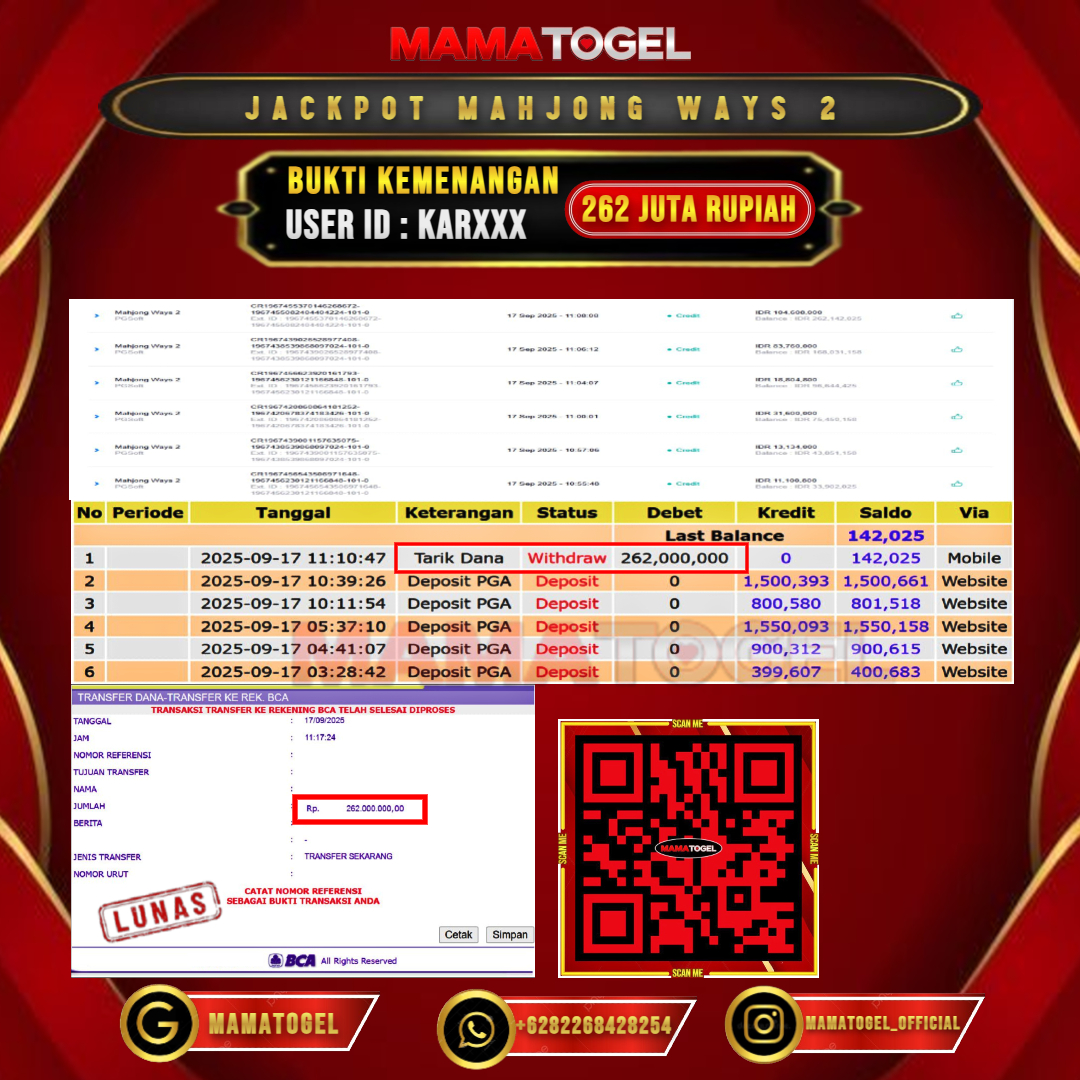 MAMATOGEL JACKPOT SLOT MAHJONG WAYS 2 Rp. 262.000.000,- LUNAS USER ID : KAR***
