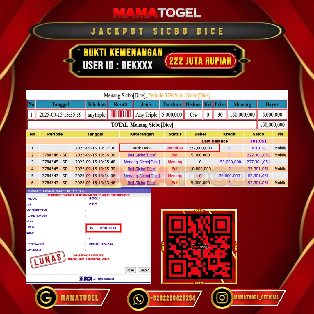 MAMATOGEL JACKPOT LIVE GAME SICBO DICE Rp. 222.000.000,- LUNAS USER ID : DEK***